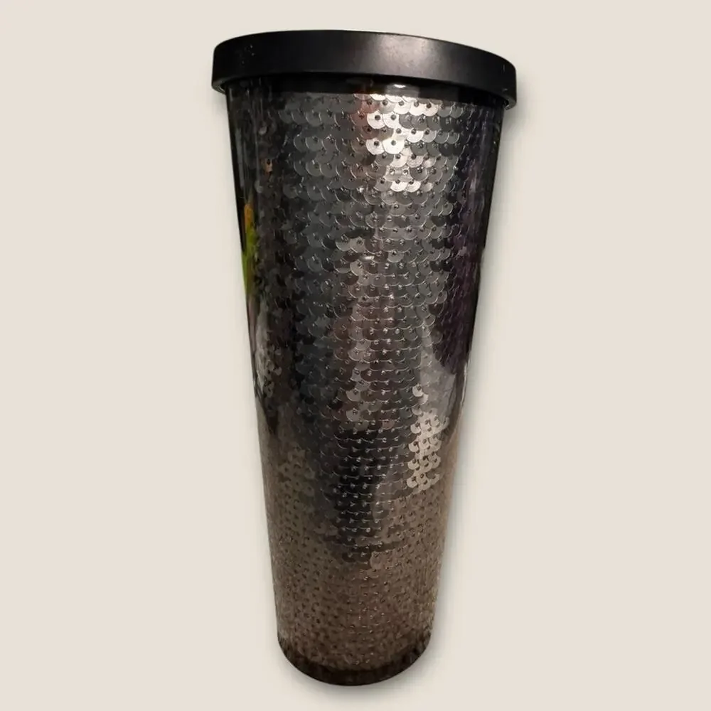 STARBUCKS 2015 Starbucks black sequin acrylic Venti cold cup tumbler.